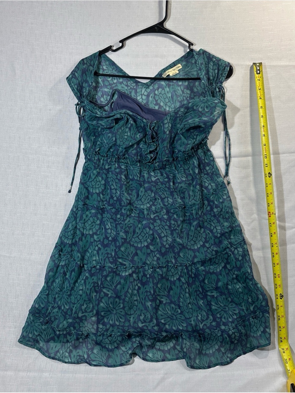 American Eagle Size 4 Blue & Green Aqua Themed Tiered Mini Dress Semi Sheer
